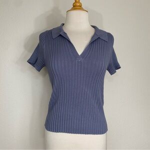 Talent Blue Gray Collared Ribbed V Neck Short Sleeve Soft Stretch Shirt Size 1X